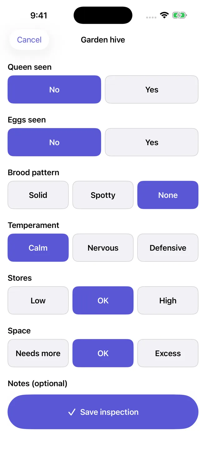 The BeeJot inspection screen for Garden hive: six labelled rows of large buttons — queen seen, eggs seen, brood pattern, temperament, stores and space — above an optional notes field and a full-width Save inspection button.
