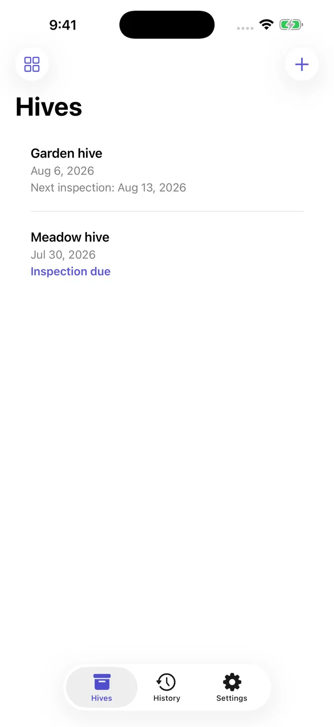 The Hives list showing Garden hive with its next inspection dated Aug 13, and Meadow hive marked Inspection due.