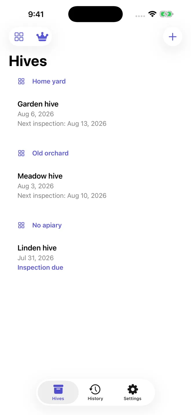 The Hives list grouped into apiaries — Home yard, Old orchard and No apiary — with a crown marking this as a Pro feature.