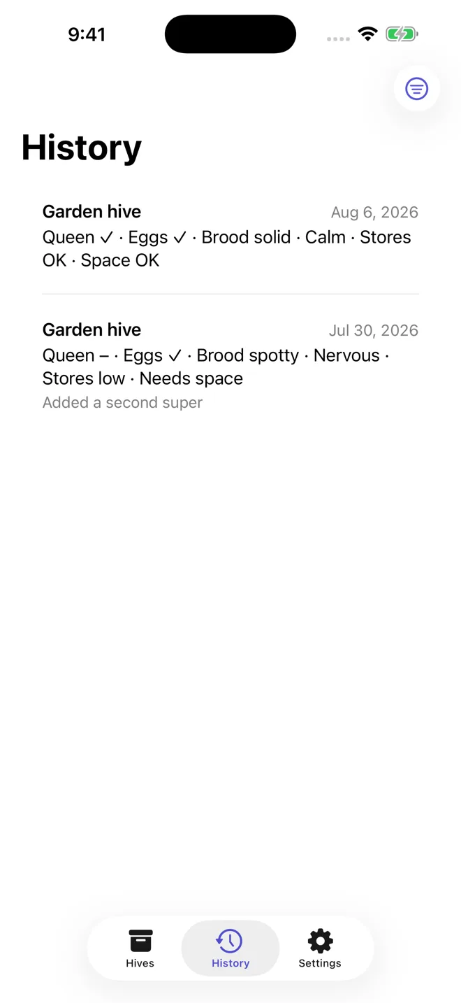The History timeline: two Garden hive entries, each summarising queen, eggs, brood, temperament, stores and space on one line, newest first.