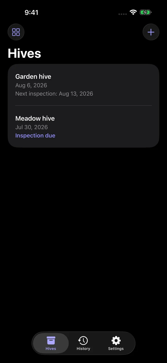 The same Hives list in dark mode, with the two hives grouped on a dark card.