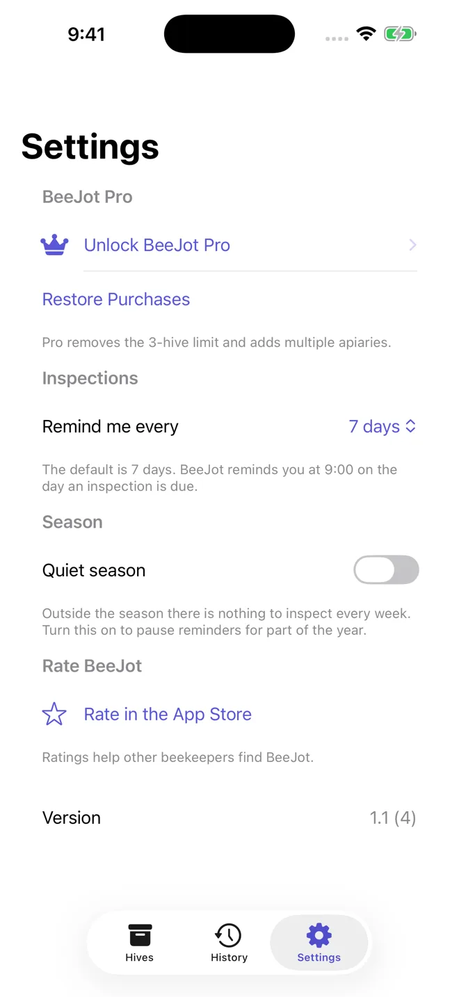 Settings: Unlock BeeJot Pro, Restore Purchases, a reminder cadence set to 7 days, a Quiet season switch, Rate in the App Store, and version 1.1.